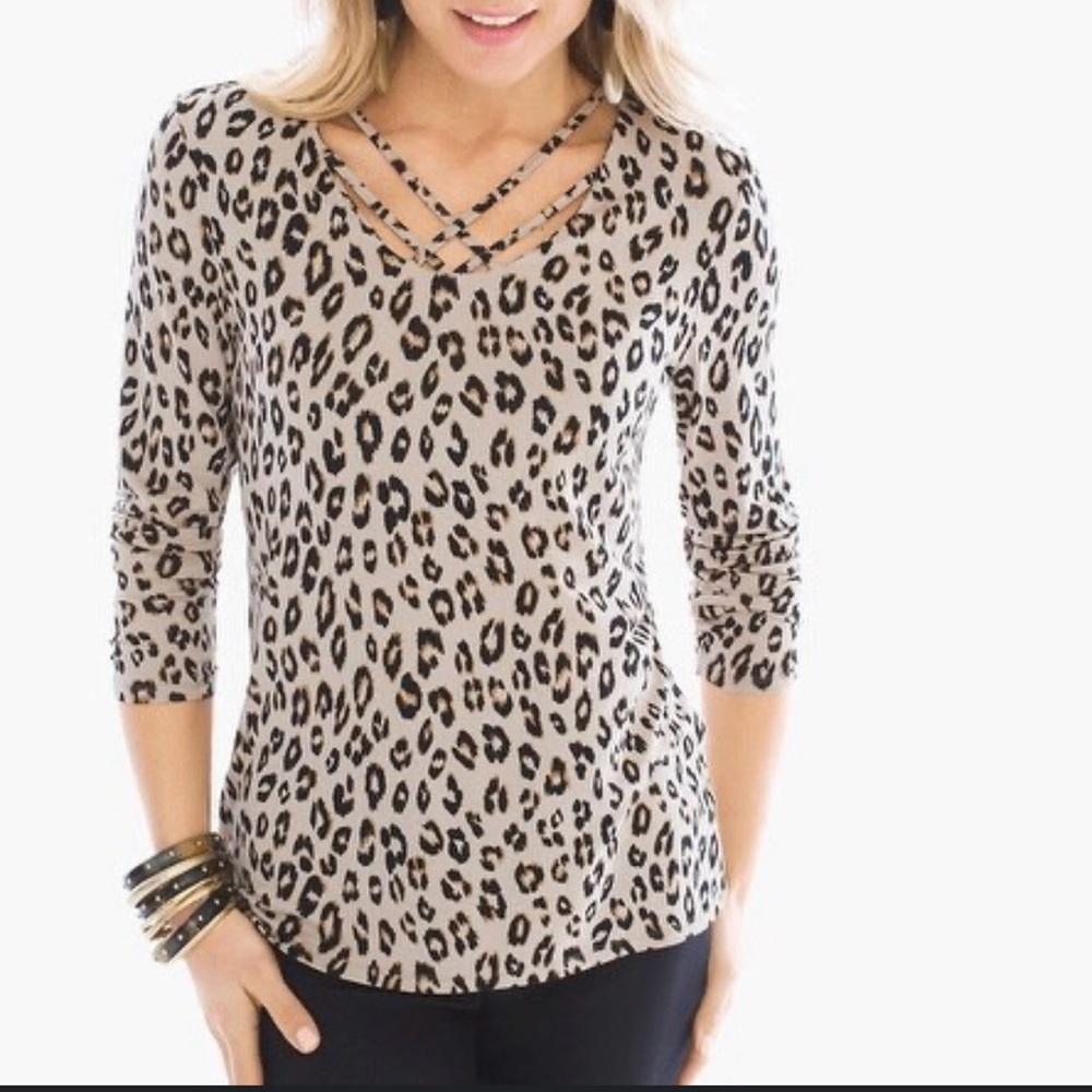 Chicos 3 leopard animal print size large long sleeve shirt tunic blouse top EUC